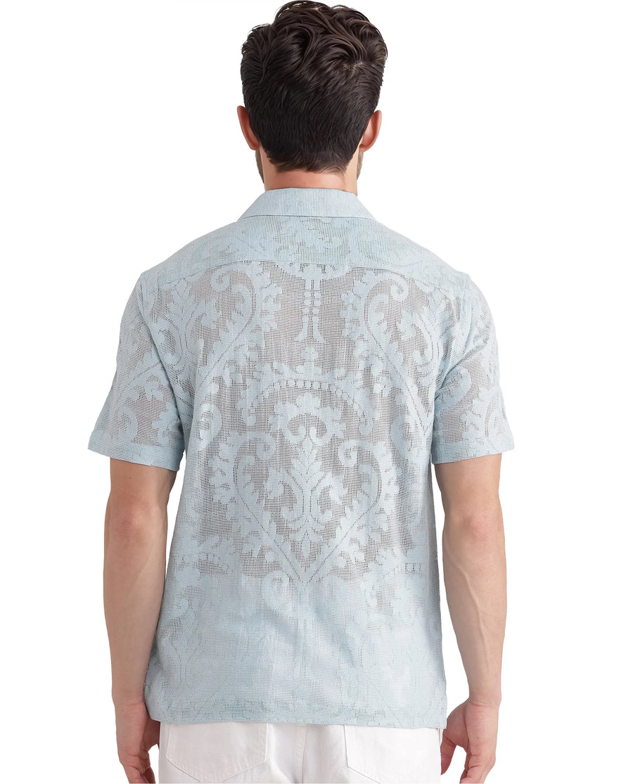 Rare Rabbit Men's Kiv Light Blue Cotton Textured Boxy Fit Half Sleeve Cuban Collar Shirt