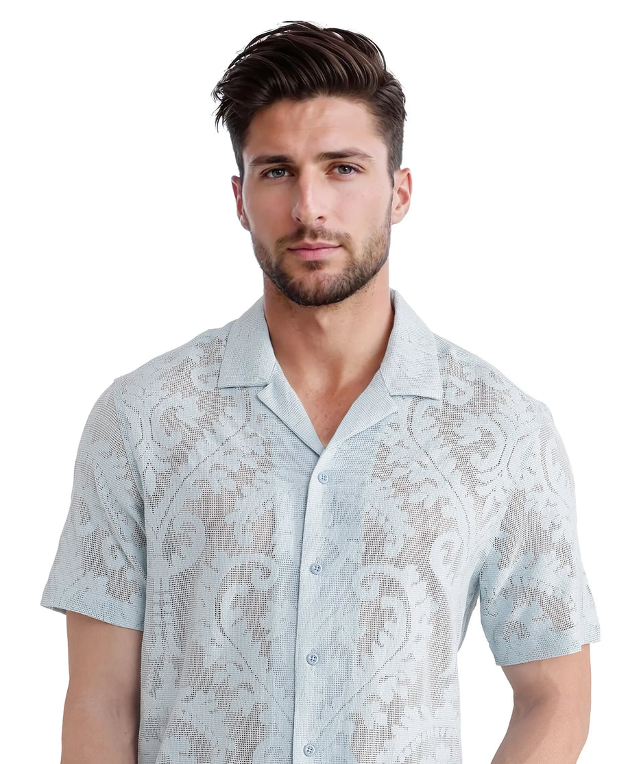 Rare Rabbit Men's Kiv Light Blue Cotton Textured Boxy Fit Half Sleeve Cuban Collar Shirt