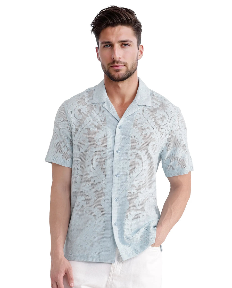 Rare Rabbit Men's Kiv Light Blue Cotton Textured Boxy Fit Half Sleeve Cuban Collar Shirt