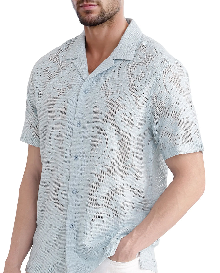 Rare Rabbit Men's Kiv Light Blue Cotton Textured Boxy Fit Half Sleeve Cuban Collar Shirt