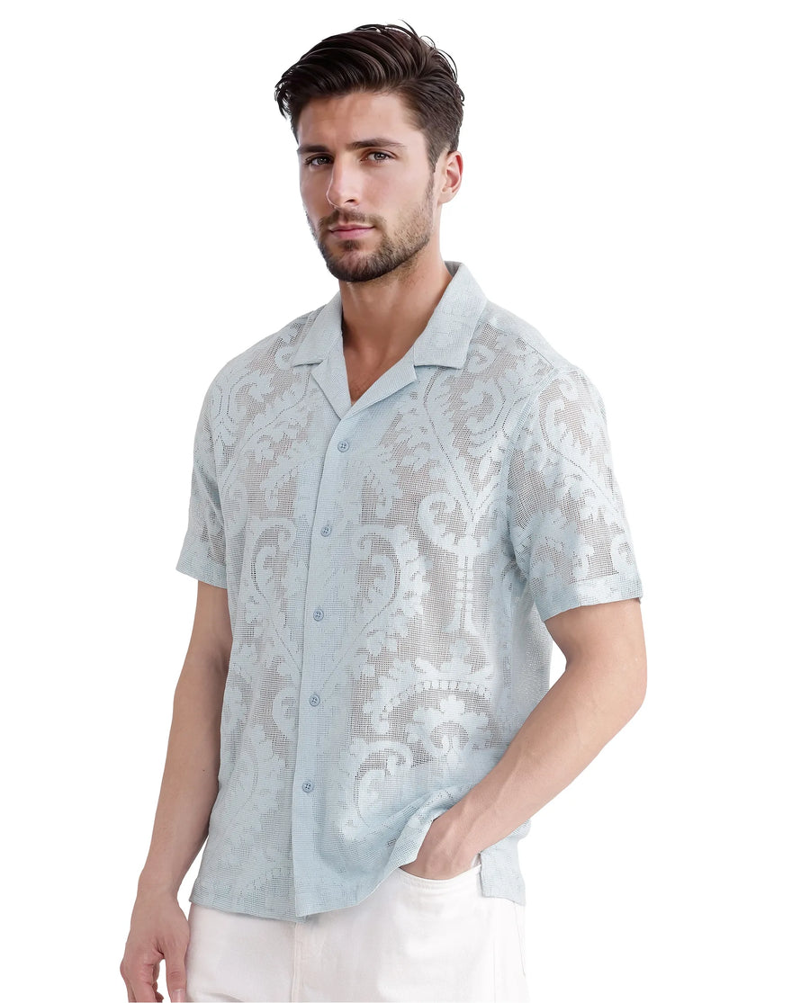 Rare Rabbit Men's Kiv Light Blue Cotton Textured Boxy Fit Half Sleeve Cuban Collar Shirt