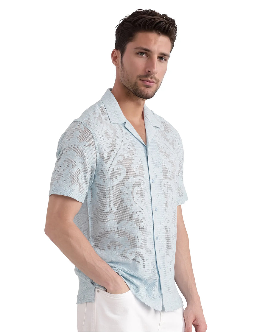 Rare Rabbit Men's Kiv Light Blue Cotton Textured Boxy Fit Half Sleeve Cuban Collar Shirt