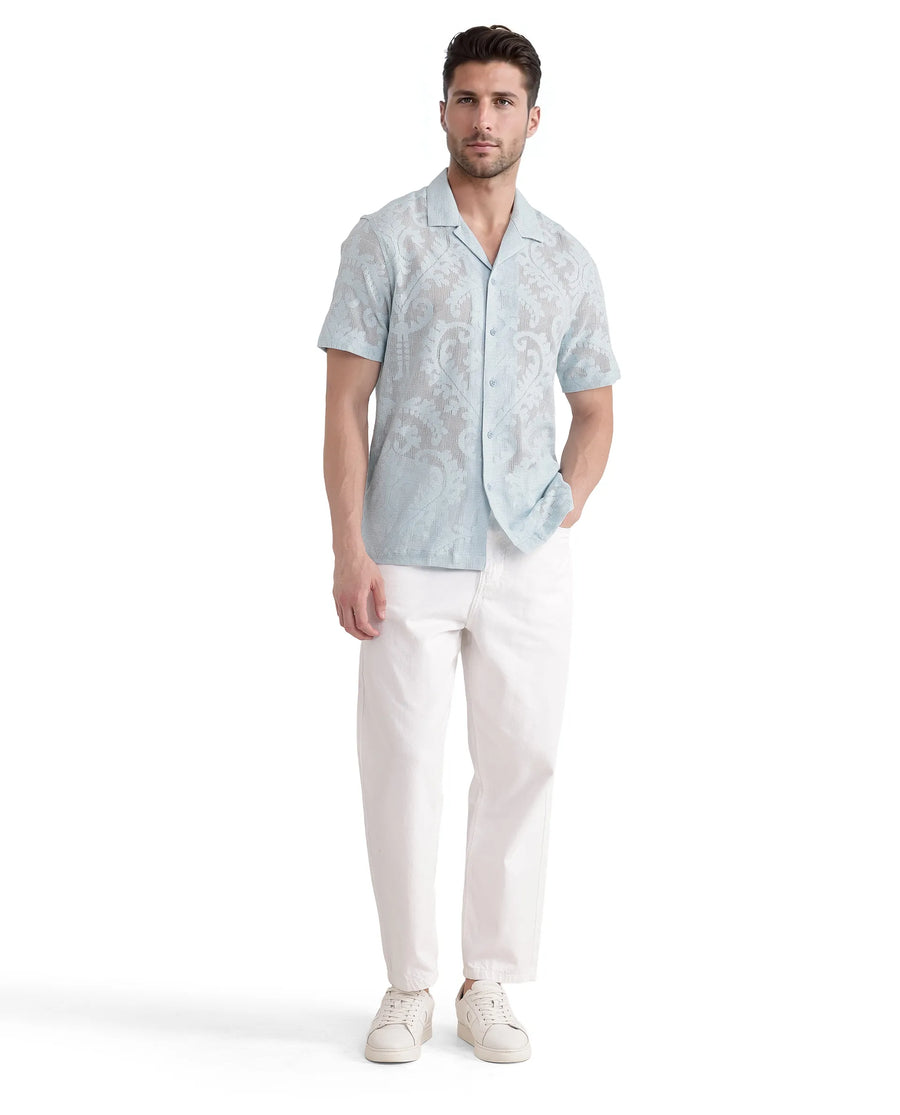 Rare Rabbit Men's Kiv Light Blue Cotton Textured Boxy Fit Half Sleeve Cuban Collar Shirt