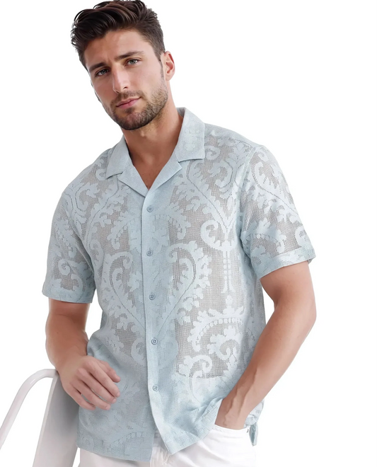 Rare Rabbit Men's Kiv Light Blue Cotton Textured Boxy Fit Half Sleeve Cuban Collar Shirt