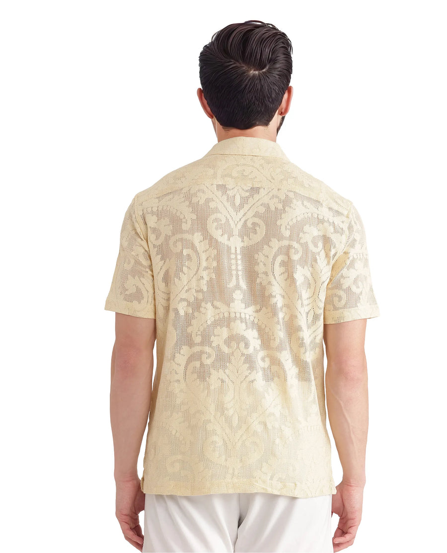 Rare Rabbit Men's Kiv Light Yellow Cotton Textured Boxy Fit Half Sleeve Cuban Collar Shirt