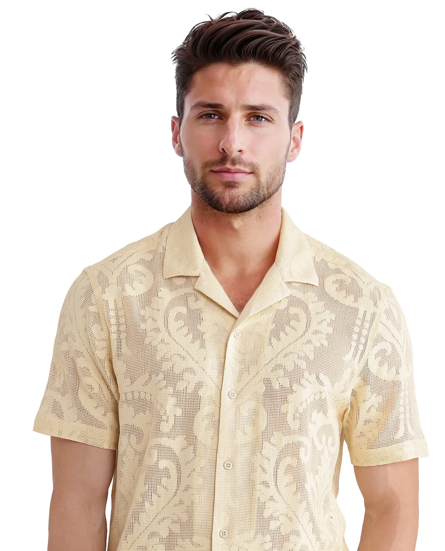 Rare Rabbit Men's Kiv Light Yellow Cotton Textured Boxy Fit Half Sleeve Cuban Collar Shirt