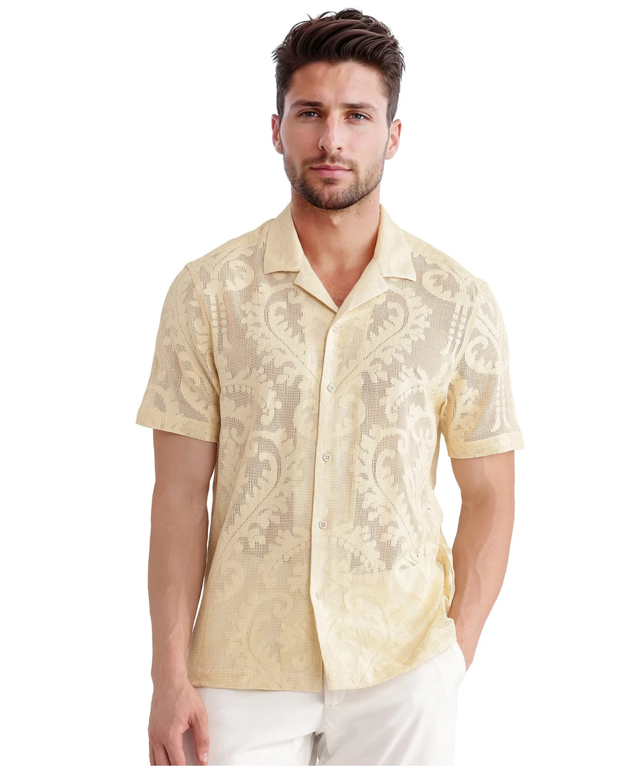 Rare Rabbit Men's Kiv Light Yellow Cotton Textured Boxy Fit Half Sleeve Cuban Collar Shirt