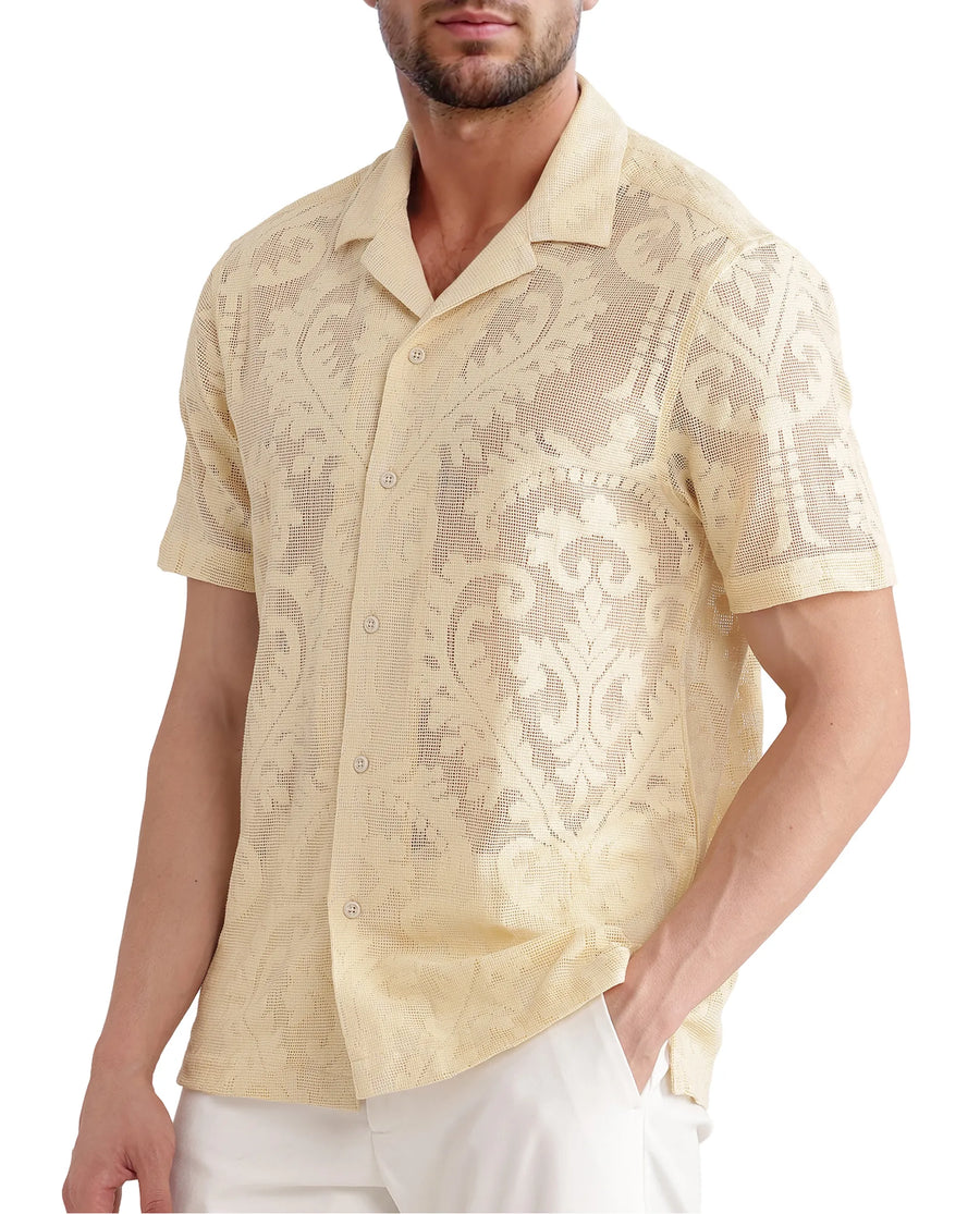 Rare Rabbit Men's Kiv Light Yellow Cotton Textured Boxy Fit Half Sleeve Cuban Collar Shirt
