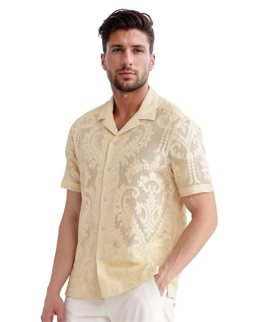 Rare Rabbit Men's Kiv Light Yellow Cotton Textured Boxy Fit Half Sleeve Cuban Collar Shirt