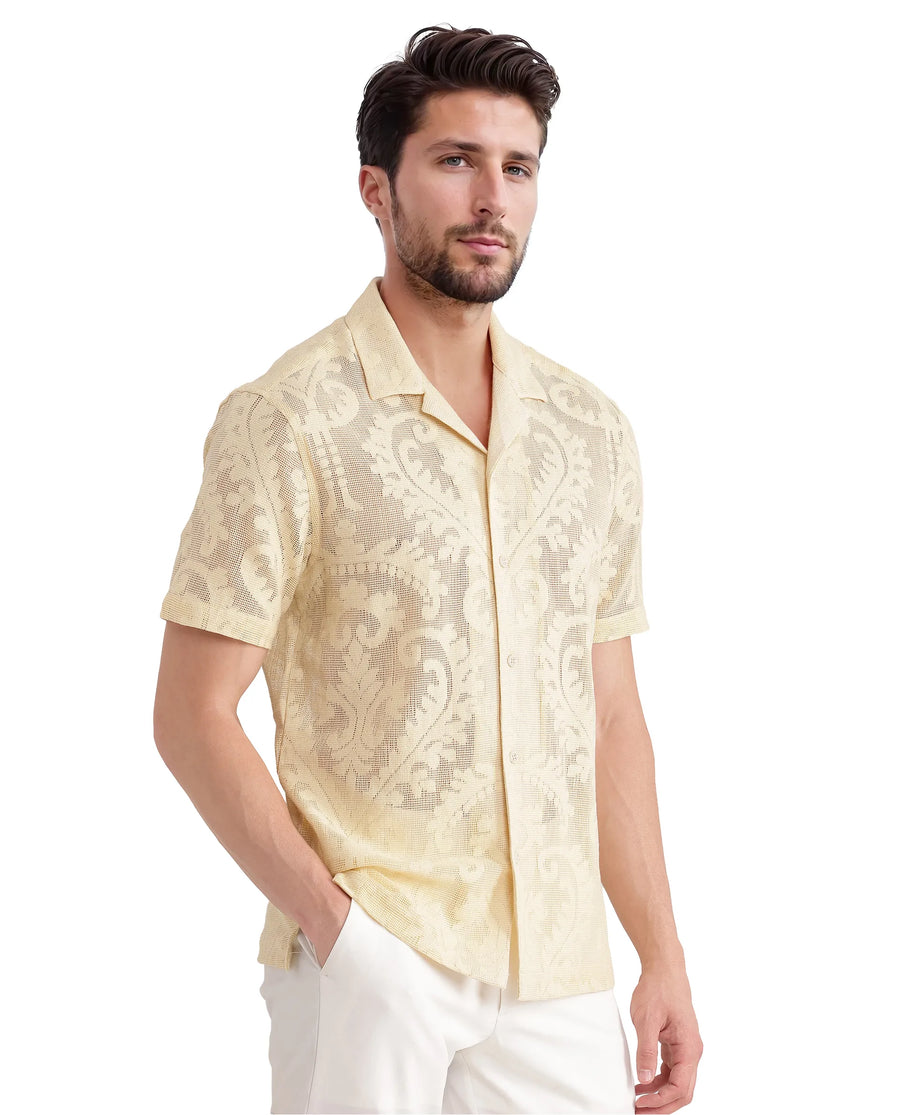 Rare Rabbit Men's Kiv Light Yellow Cotton Textured Boxy Fit Half Sleeve Cuban Collar Shirt