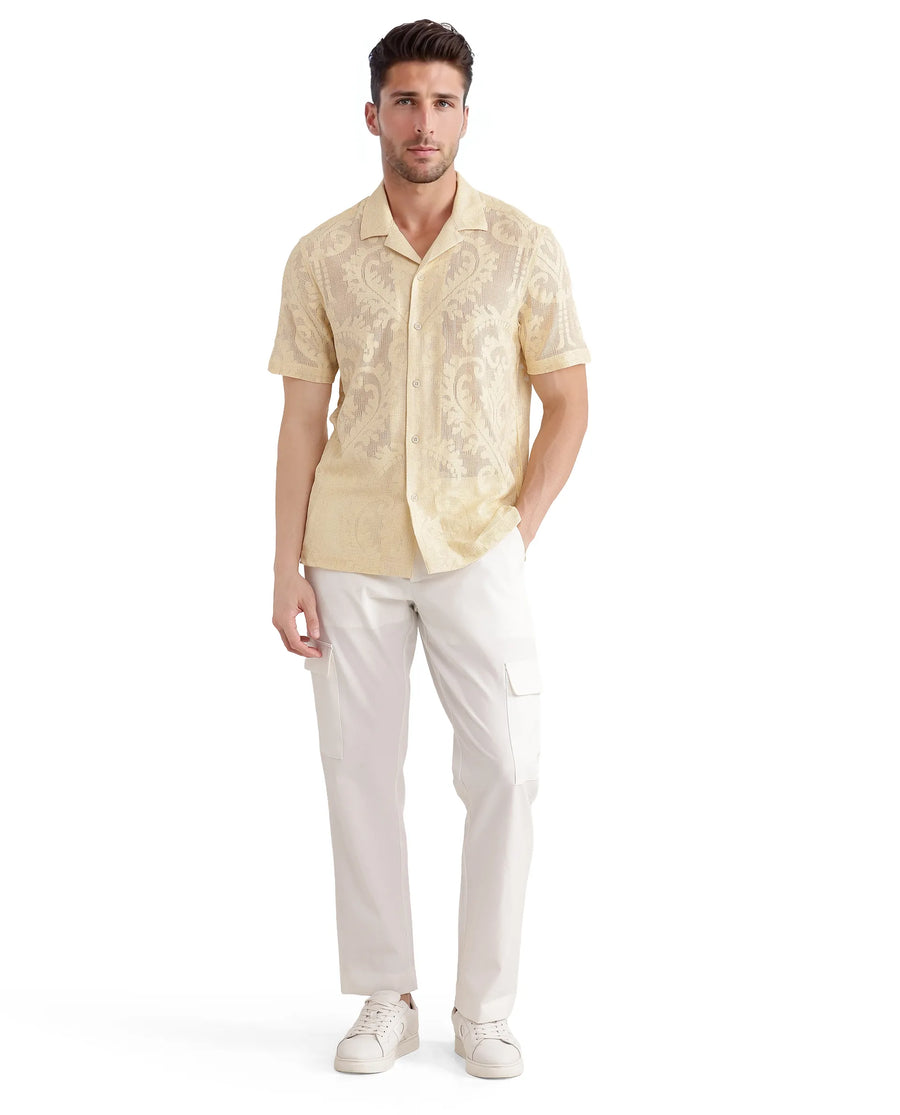 Rare Rabbit Men's Kiv Light Yellow Cotton Textured Boxy Fit Half Sleeve Cuban Collar Shirt