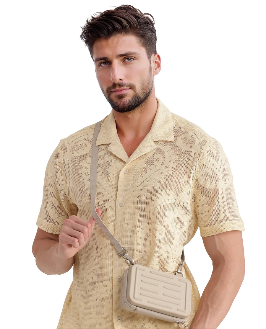 Rare Rabbit Men's Kiv Light Yellow Cotton Textured Boxy Fit Half Sleeve Cuban Collar Shirt