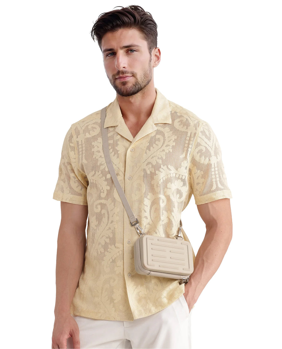 Rare Rabbit Men's Kiv Light Yellow Cotton Textured Boxy Fit Half Sleeve Cuban Collar Shirt