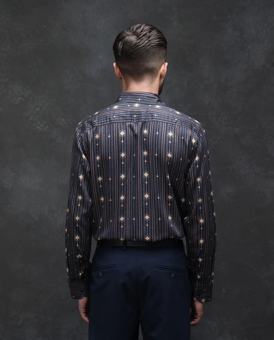 Rare Rabbit Men's Kivra Black Cotton Blend Geometric Print Regular Fit Full Sleeve Collared Shirt