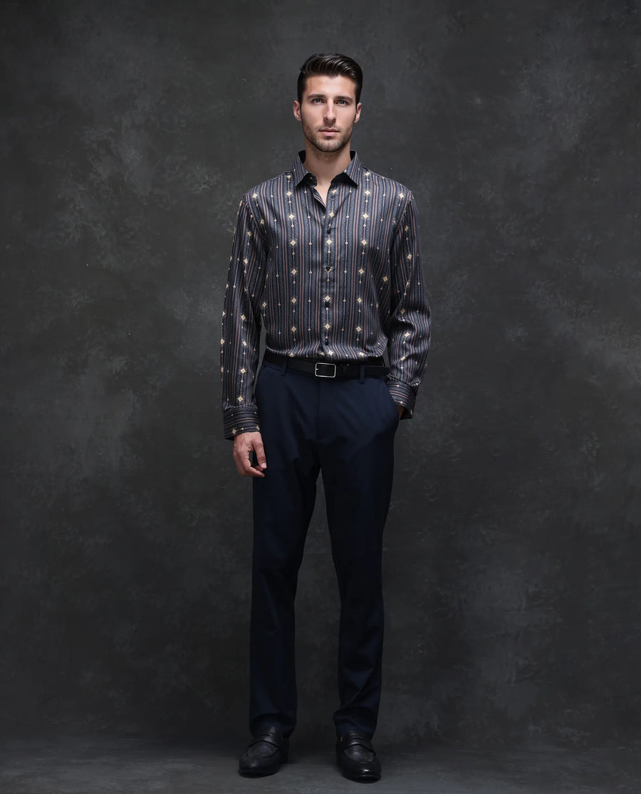 Rare Rabbit Men's Kivra Black Cotton Blend Geometric Print Regular Fit Full Sleeve Collared Shirt