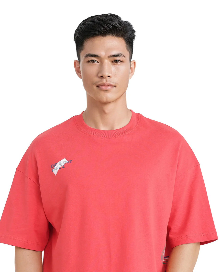 Rare Rabbit Men's Klas Red Cotton Hd Print Oversized Fit Half Sleeve Crew Neck T-Shirt