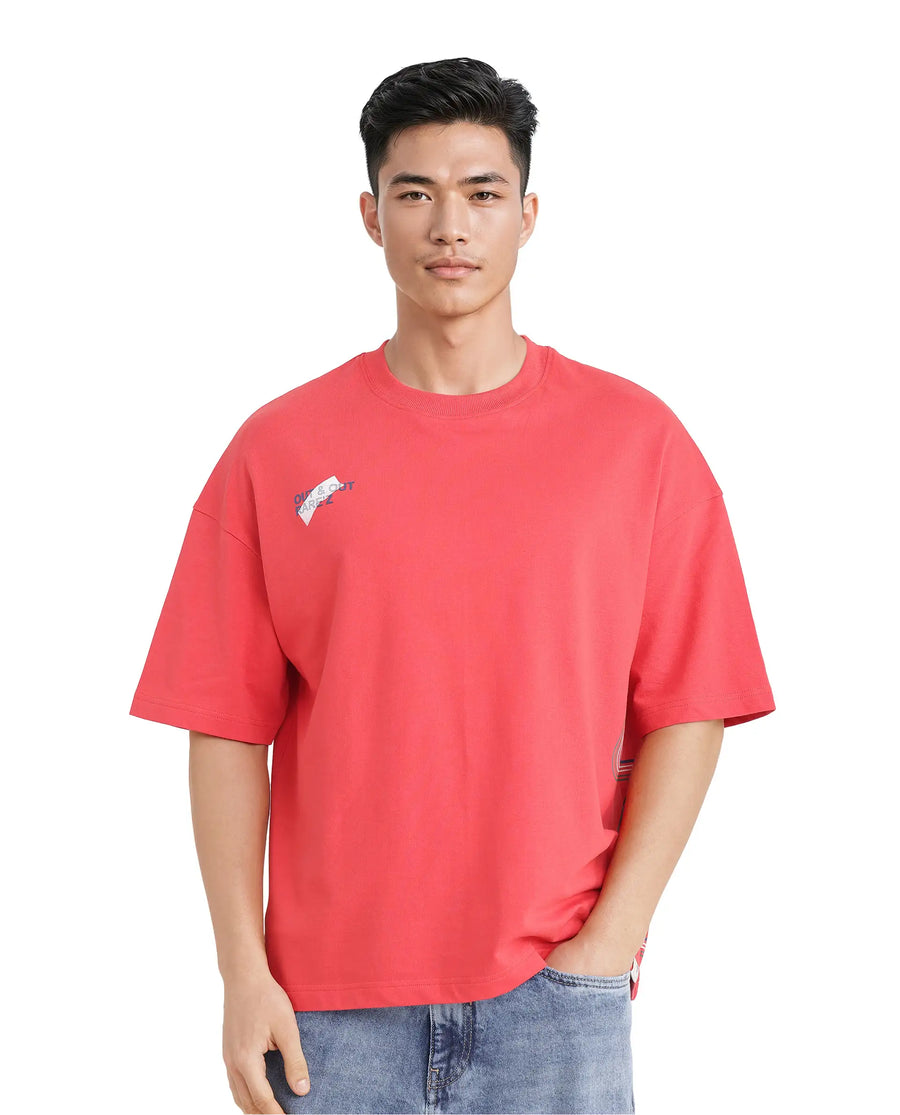 Rare Rabbit Men's Klas Red Cotton Hd Print Oversized Fit Half Sleeve Crew Neck T-Shirt