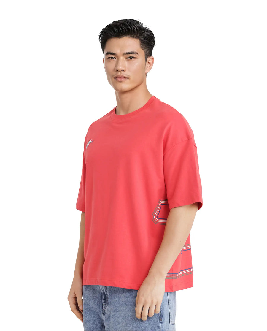 Rare Rabbit Men's Klas Red Cotton Hd Print Oversized Fit Half Sleeve Crew Neck T-Shirt