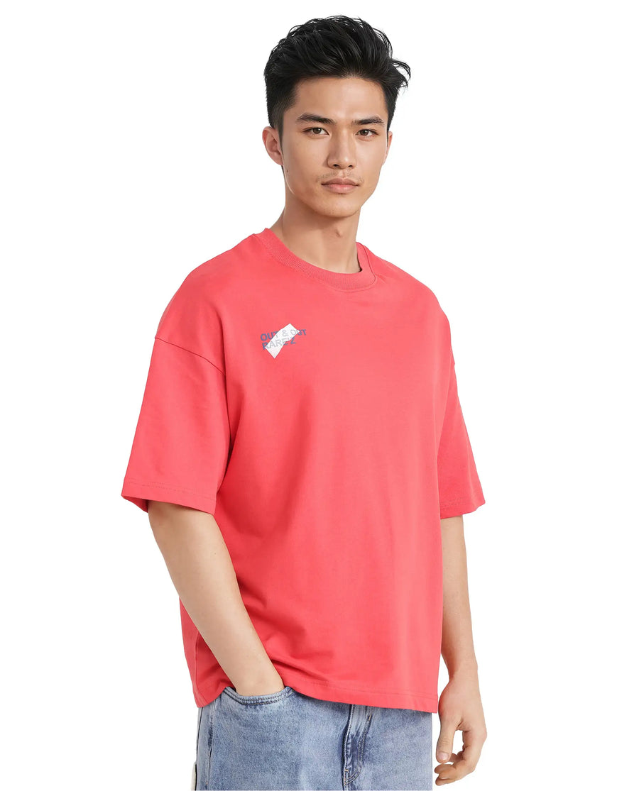Rare Rabbit Men's Klas Red Cotton Hd Print Oversized Fit Half Sleeve Crew Neck T-Shirt