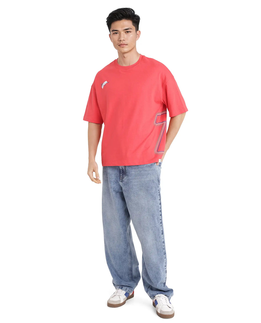 Rare Rabbit Men's Klas Red Cotton Hd Print Oversized Fit Half Sleeve Crew Neck T-Shirt