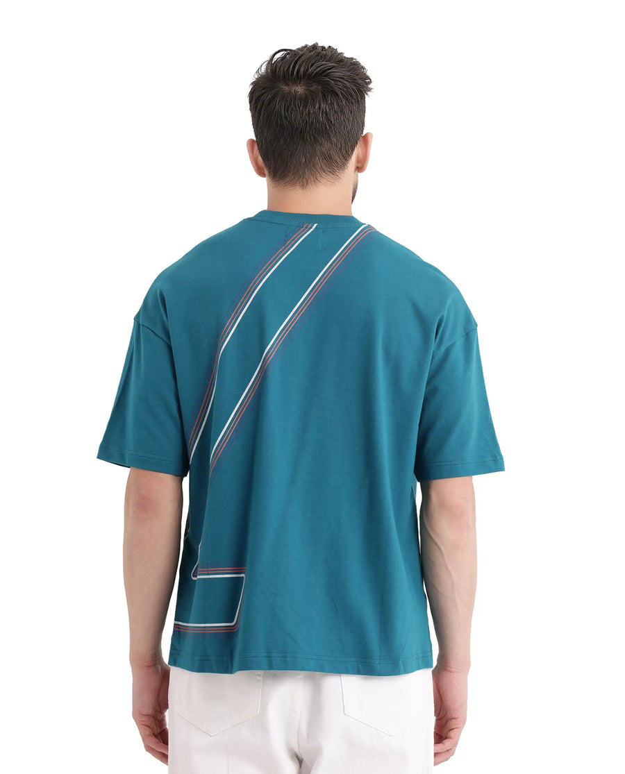 Rare Rabbit Men's Klas Teal Cotton Hd Print Oversized Fit Half Sleeve Crew Neck T-Shirt