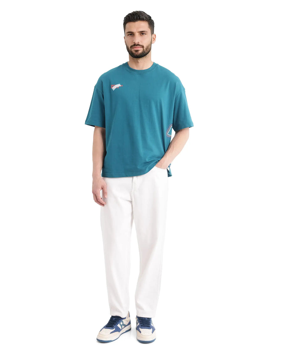Rare Rabbit Men's Klas Teal Cotton Hd Print Oversized Fit Half Sleeve Crew Neck T-Shirt