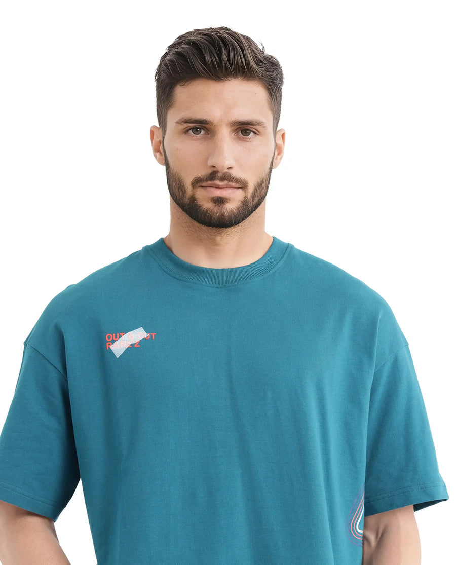 Rare Rabbit Men's Klas Teal Cotton Hd Print Oversized Fit Half Sleeve Crew Neck T-Shirt