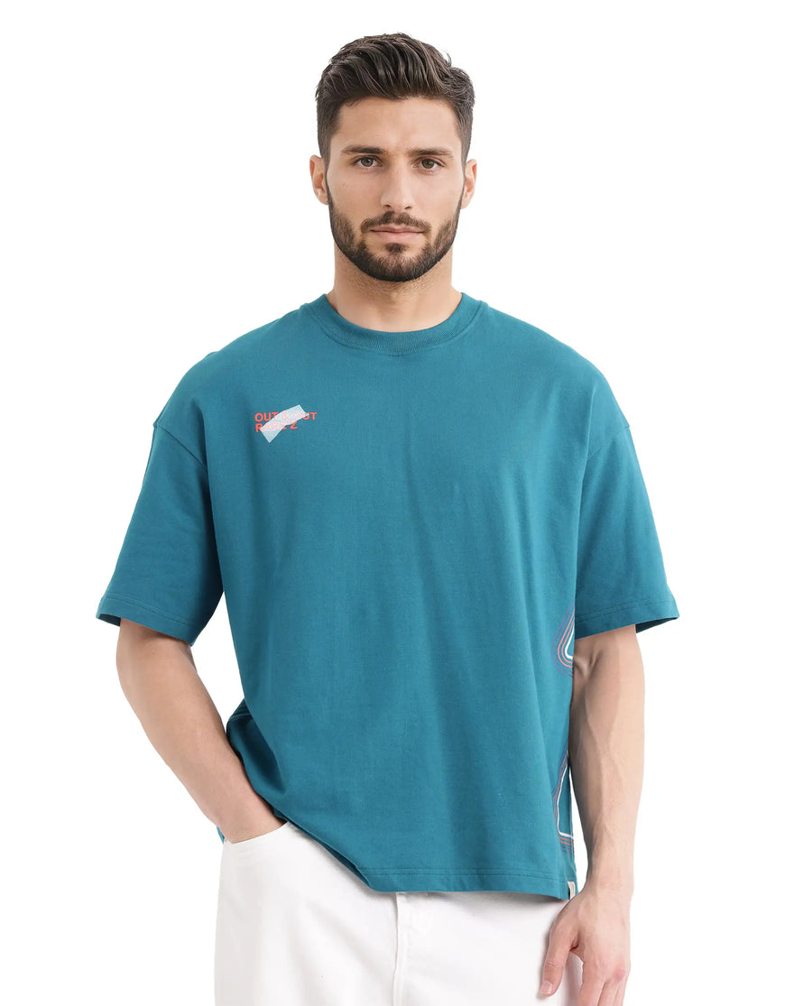 Rare Rabbit Men's Klas Teal Cotton Hd Print Oversized Fit Half Sleeve Crew Neck T-Shirt