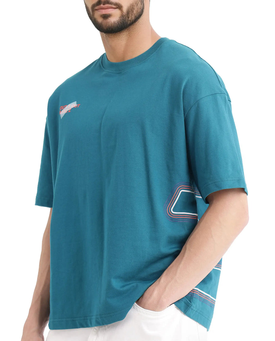 Rare Rabbit Men's Klas Teal Cotton Hd Print Oversized Fit Half Sleeve Crew Neck T-Shirt