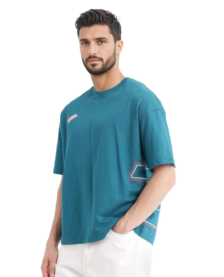 Rare Rabbit Men's Klas Teal Cotton Hd Print Oversized Fit Half Sleeve Crew Neck T-Shirt