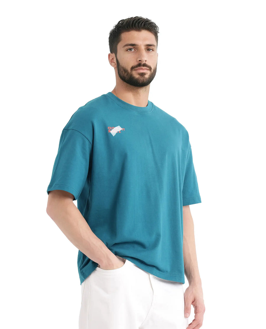 Rare Rabbit Men's Klas Teal Cotton Hd Print Oversized Fit Half Sleeve Crew Neck T-Shirt