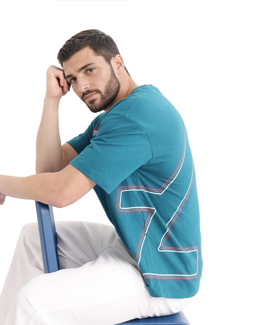Rare Rabbit Men's Klas Teal Cotton Hd Print Oversized Fit Half Sleeve Crew Neck T-Shirt