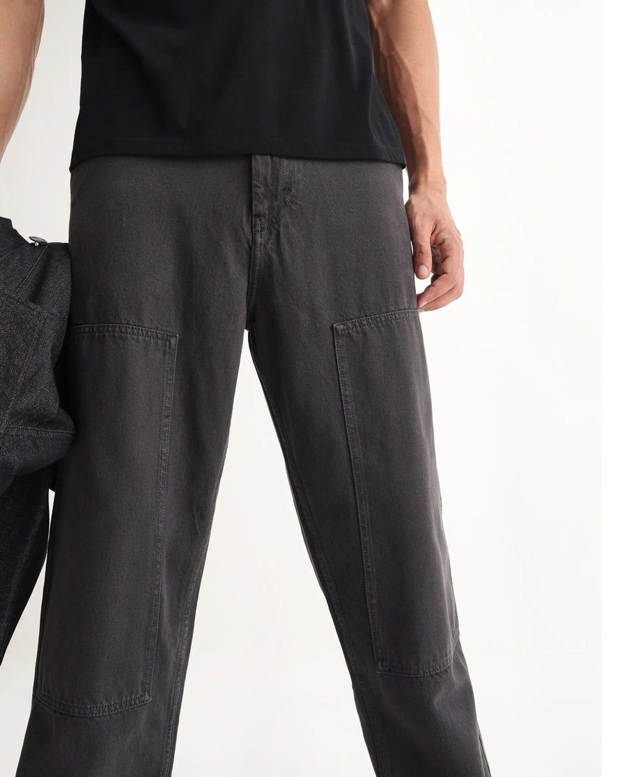 Rare Rabbit Men's Klop Dark Grey Cotton Plain Carpenter Fit Jeans