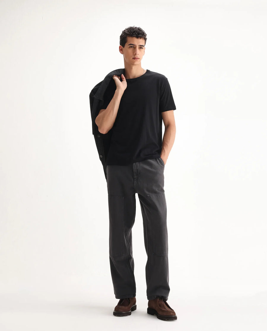 Rare Rabbit Men's Klop Dark Grey Cotton Plain Carpenter Fit Jeans