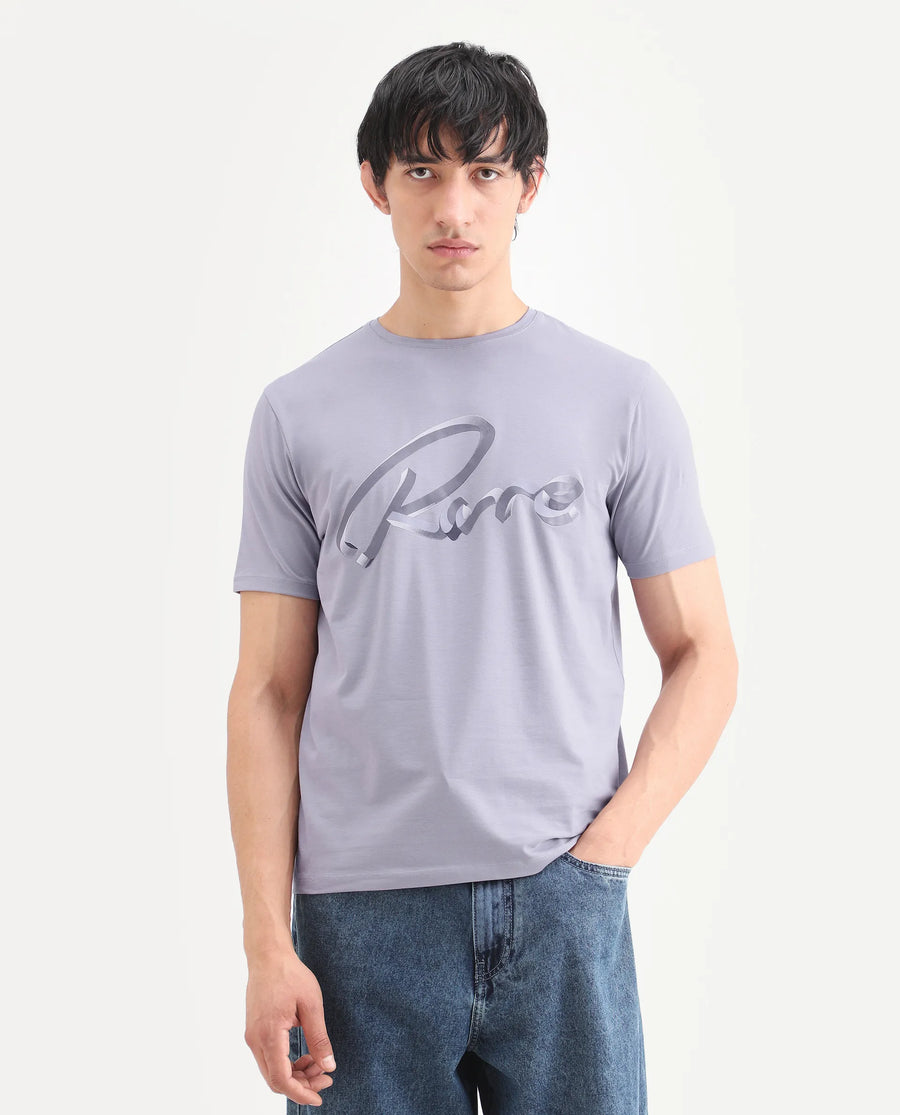 Rare Rabbit Men's Kloz Pastel Purple Cotton Blend Fabric Half Sleeve Crew Neck Regular Fit Graphic Print T-Shirt