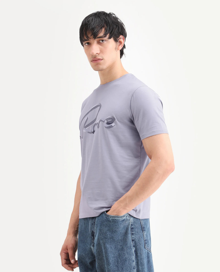 Rare Rabbit Men's Kloz Pastel Purple Cotton Blend Fabric Half Sleeve Crew Neck Regular Fit Graphic Print T-Shirt