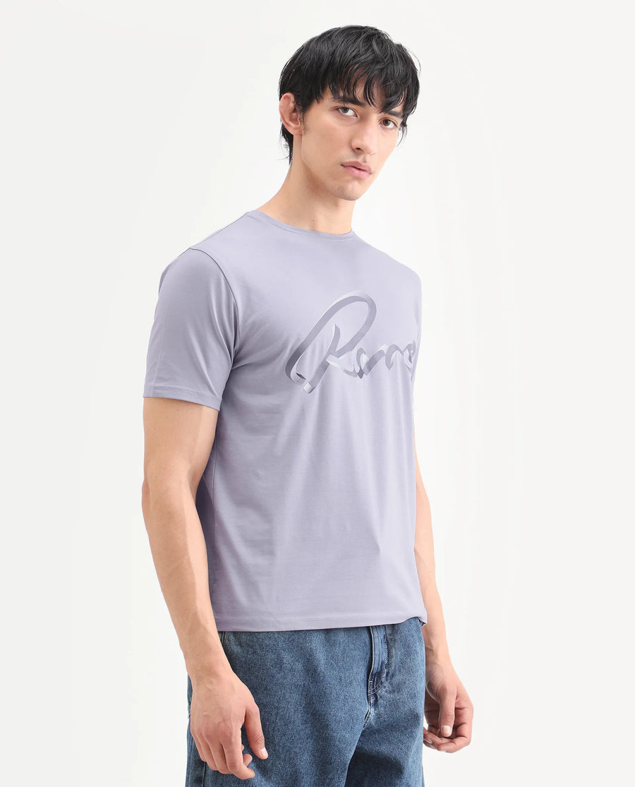 Rare Rabbit Men's Kloz Pastel Purple Cotton Blend Fabric Half Sleeve Crew Neck Regular Fit Graphic Print T-Shirt