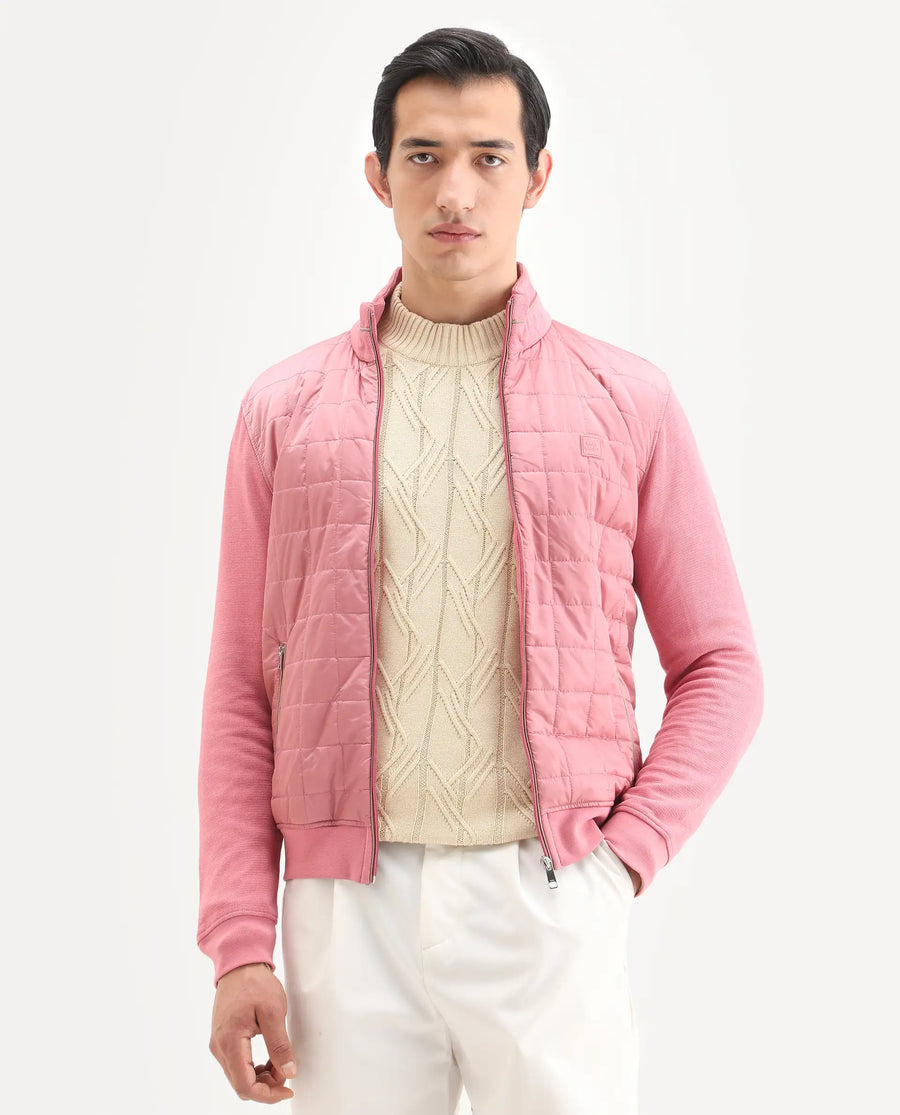 Rare Rabbit Men's Kneto Pink Nylon Plain Regular Fit Full Sleeve High Neck Jacket