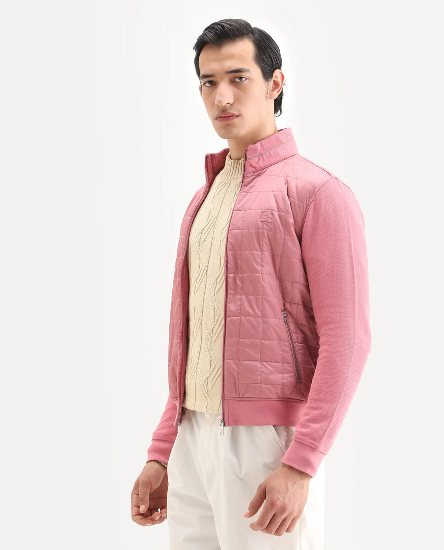 Rare Rabbit Men's Kneto Pink Nylon Plain Regular Fit Full Sleeve High Neck Jacket