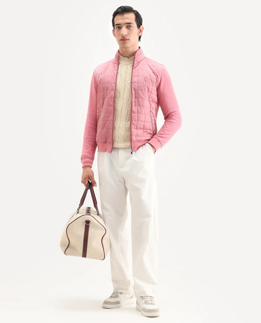 Rare Rabbit Men's Kneto Pink Nylon Plain Regular Fit Full Sleeve High Neck Jacket