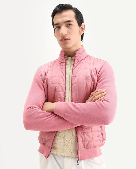 Rare Rabbit Men's Kneto Pink Nylon Plain Regular Fit Full Sleeve High Neck Jacket