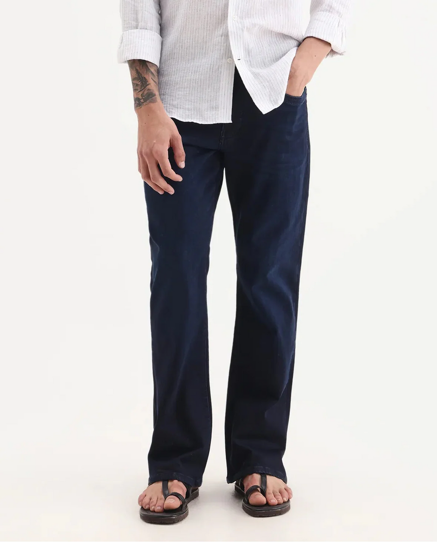 Rare Rabbit Men's Knoxo-Bl Dark Blue Cotton Blend Fabric Button Closure Bootcut Plain Jeans