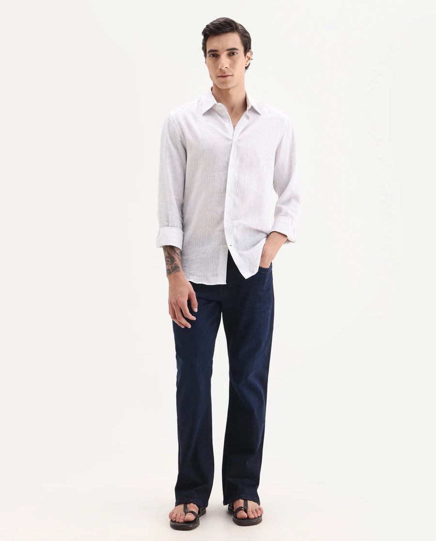 Rare Rabbit Men's Knoxo-Bl Dark Blue Cotton Blend Fabric Button Closure Bootcut Plain Jeans