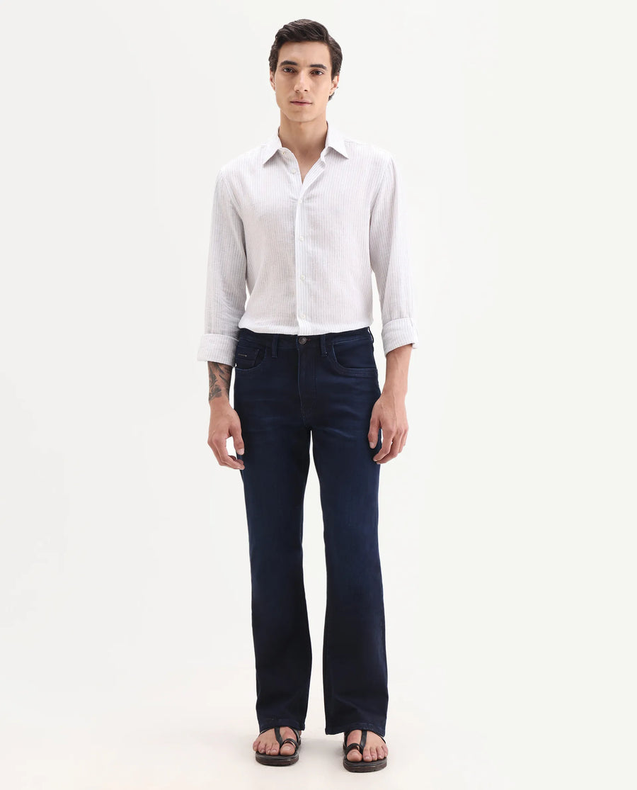 Rare Rabbit Men's Knoxo-Bl Dark Blue Cotton Blend Fabric Button Closure Bootcut Plain Jeans