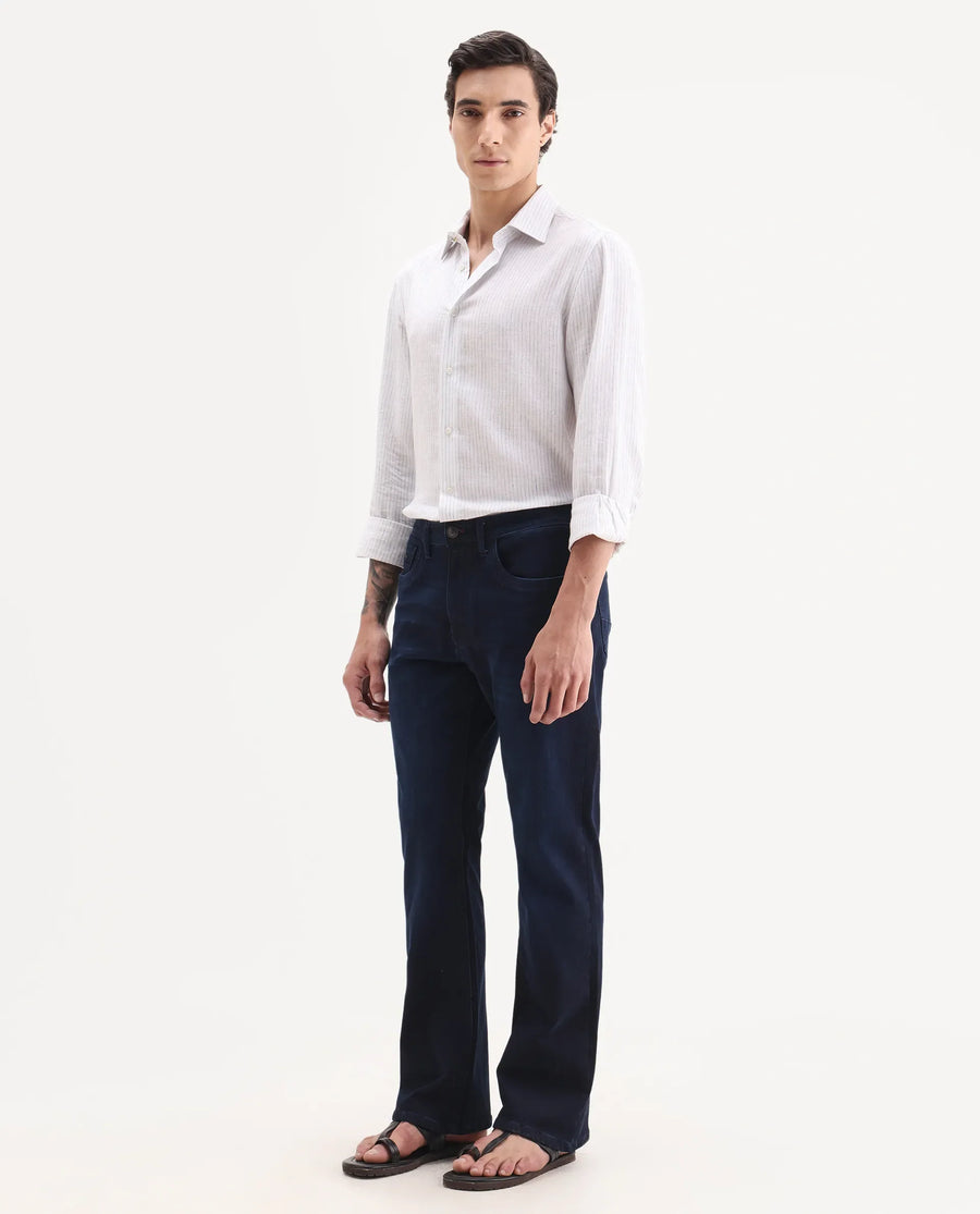Rare Rabbit Men's Knoxo-Bl Dark Blue Cotton Blend Fabric Button Closure Bootcut Plain Jeans