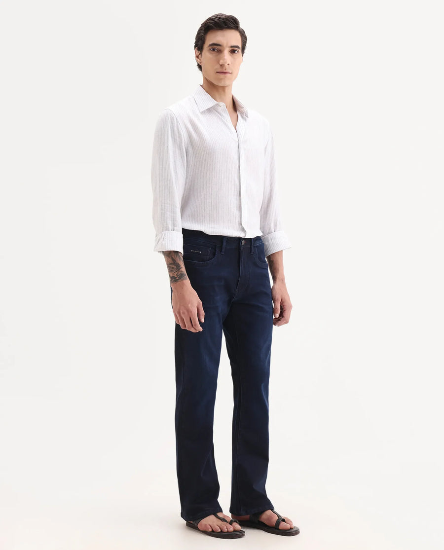Rare Rabbit Men's Knoxo-Bl Dark Blue Cotton Blend Fabric Button Closure Bootcut Plain Jeans