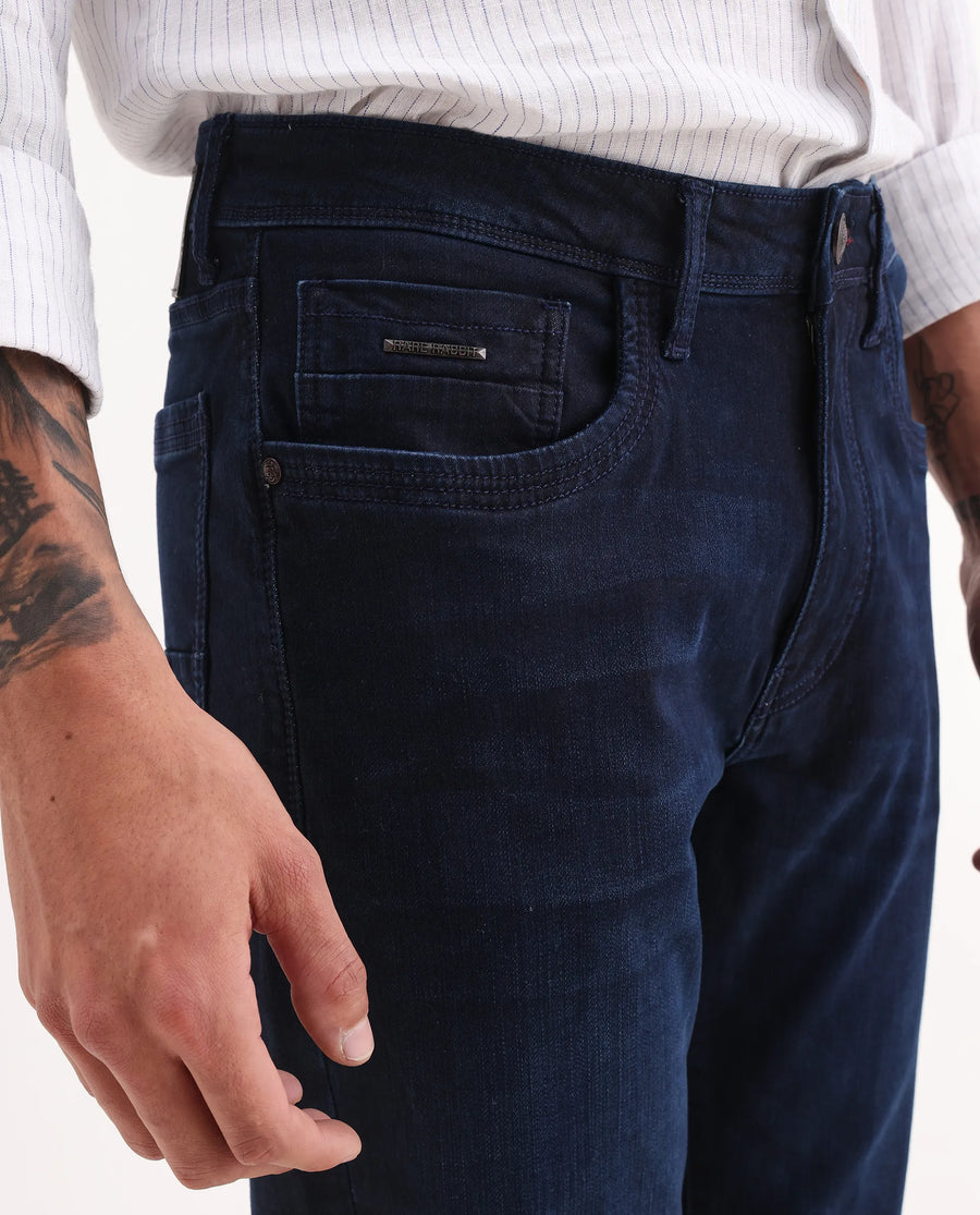 Rare Rabbit Men's Knoxo-Bl Dark Blue Cotton Blend Fabric Button Closure Bootcut Plain Jeans
