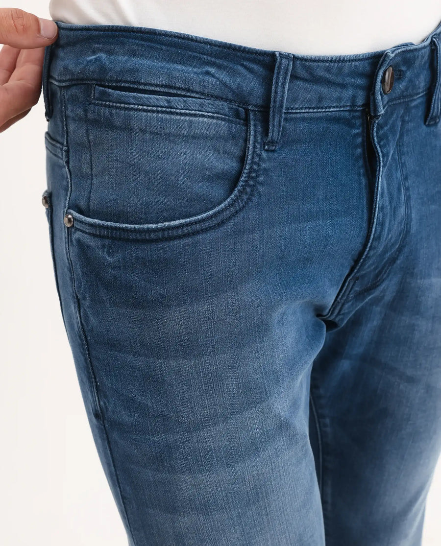 Rare Rabbit Men's Knoxo Blue Cotton Blend Fabric Hawk Slim Fit Plain Jeans