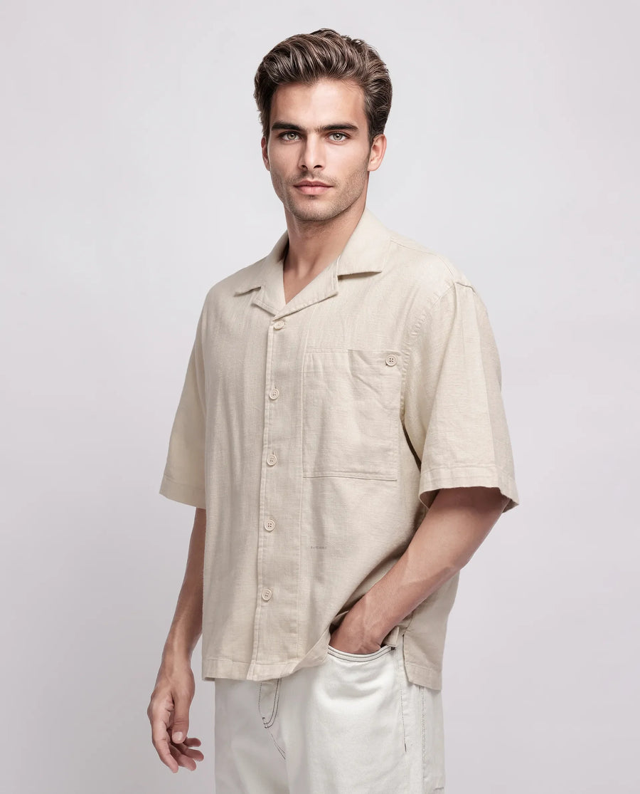 Rare Rabbit Men's Koba Beige Viscose Plain Boxy Fit Half Sleeve Cuban Collar Shirt