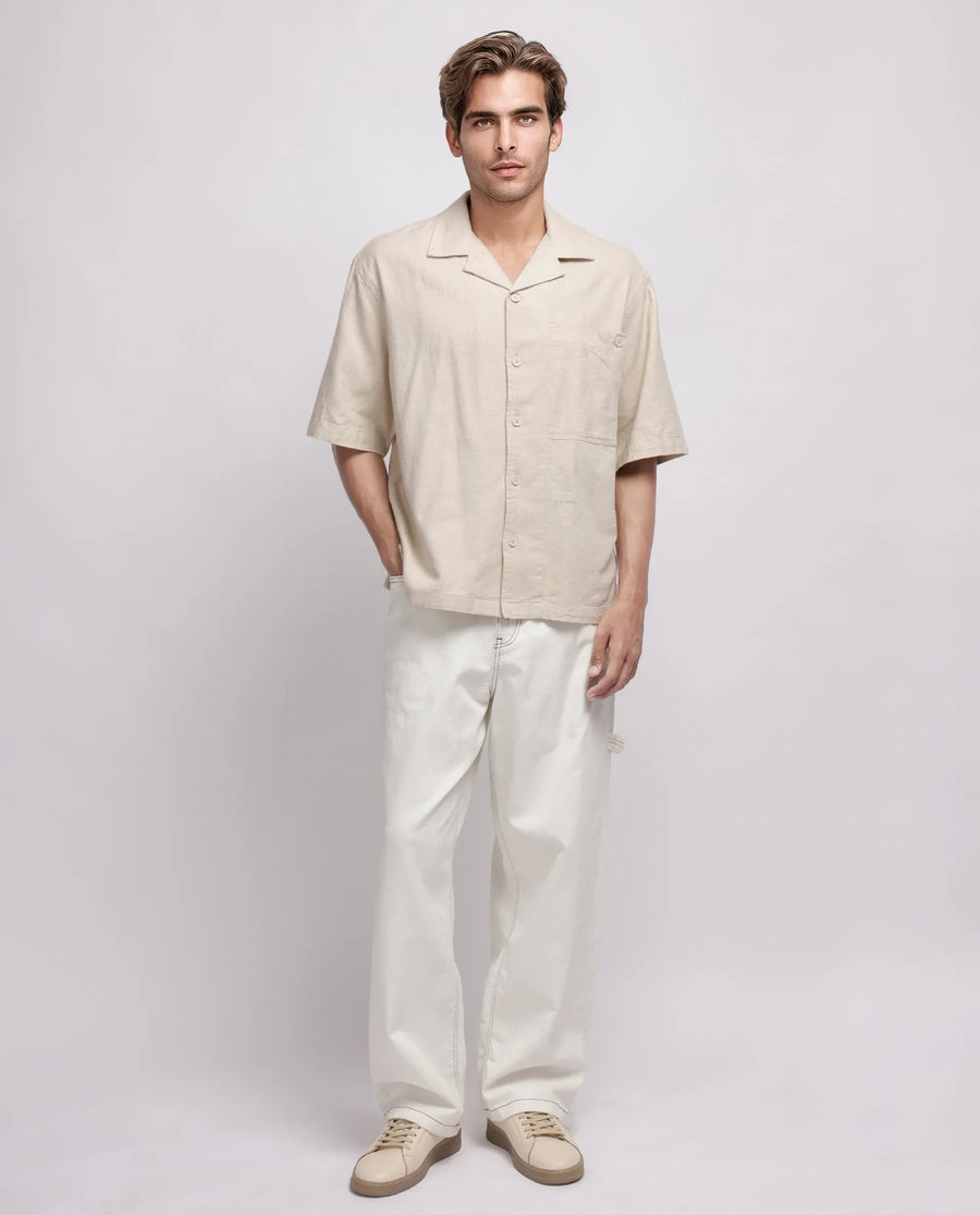 Rare Rabbit Men's Koba Beige Viscose Plain Boxy Fit Half Sleeve Cuban Collar Shirt
